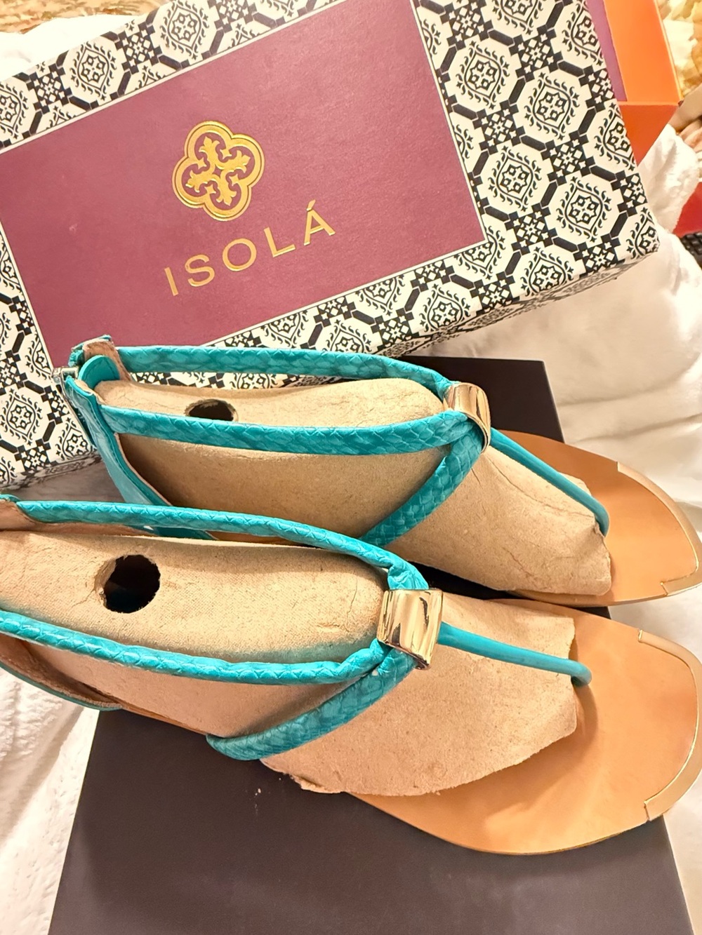 Isola Turquoise Braided-Strap Sandals with Gold Accent